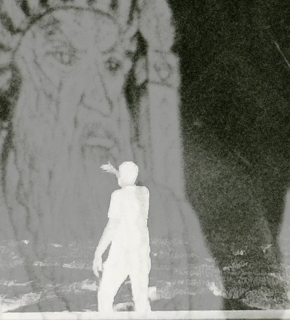 Black and white image with a silhouette of a person standing against a larger illustration of and older man’s face.